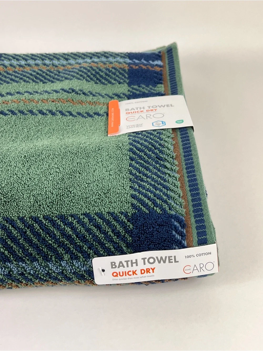 Caro Home Bath Towels Green Navy  Rust Plaid Quick Dry Soft Cotton 2 Pc NEW